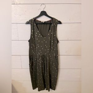 Boden sleeveless dress, pockets, green with gold dots, size 14
